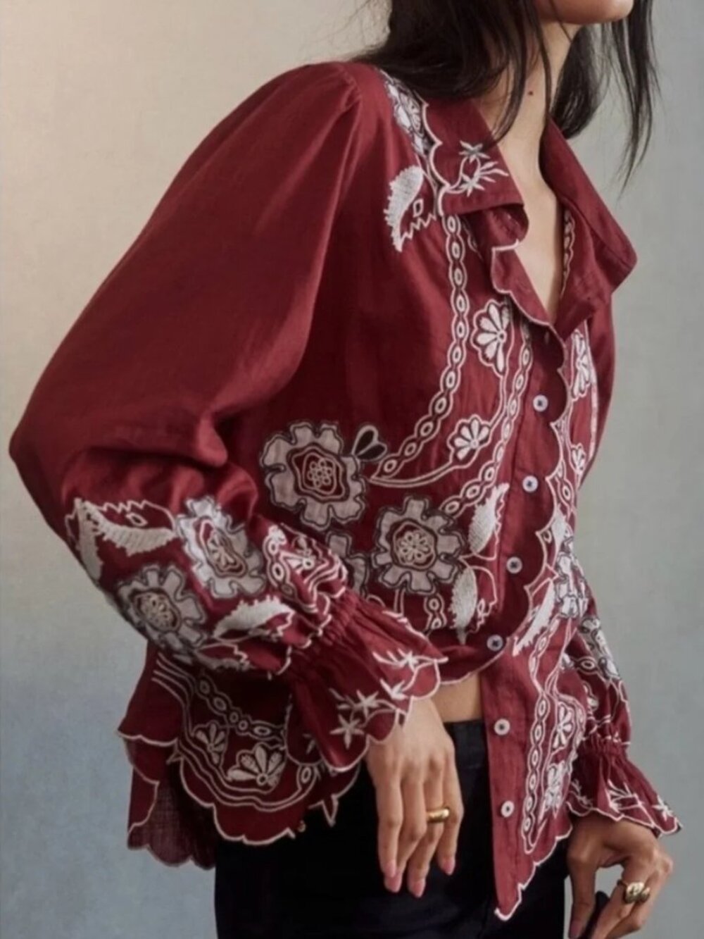 Anthropologie Burgundy Embroidered Button-Down Blouse - Size M